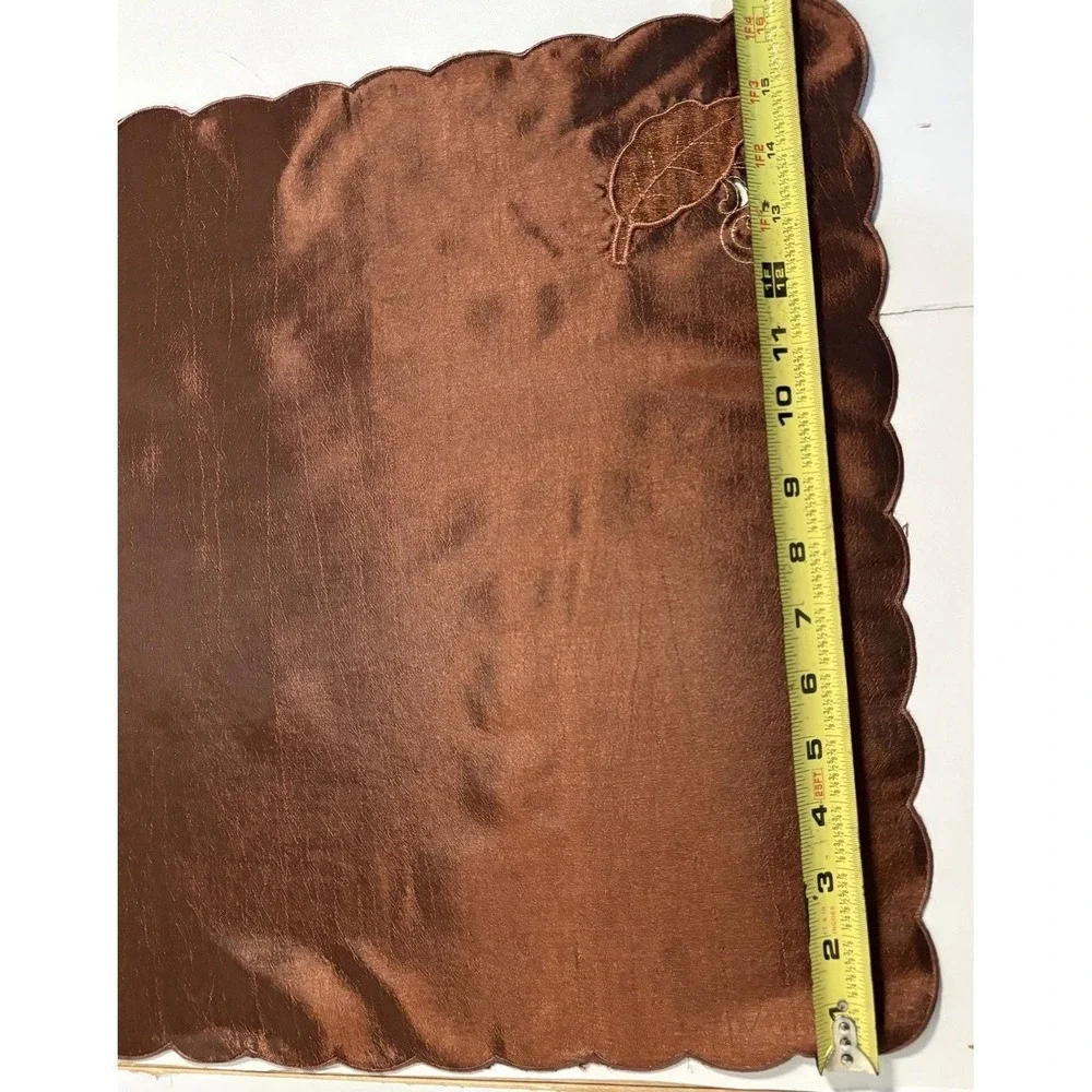 Vtg Bronze Cutwork Fall Leaf Placemats & Napkins w Scalloped Edges Silky Elegant
